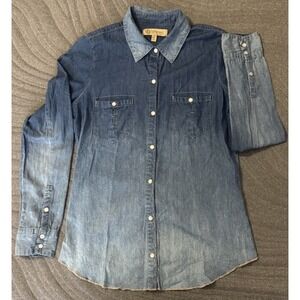 Democracy Pearl Snap Shirt Chambray Ombre Western Cowboy Ranch Womens Small Blue